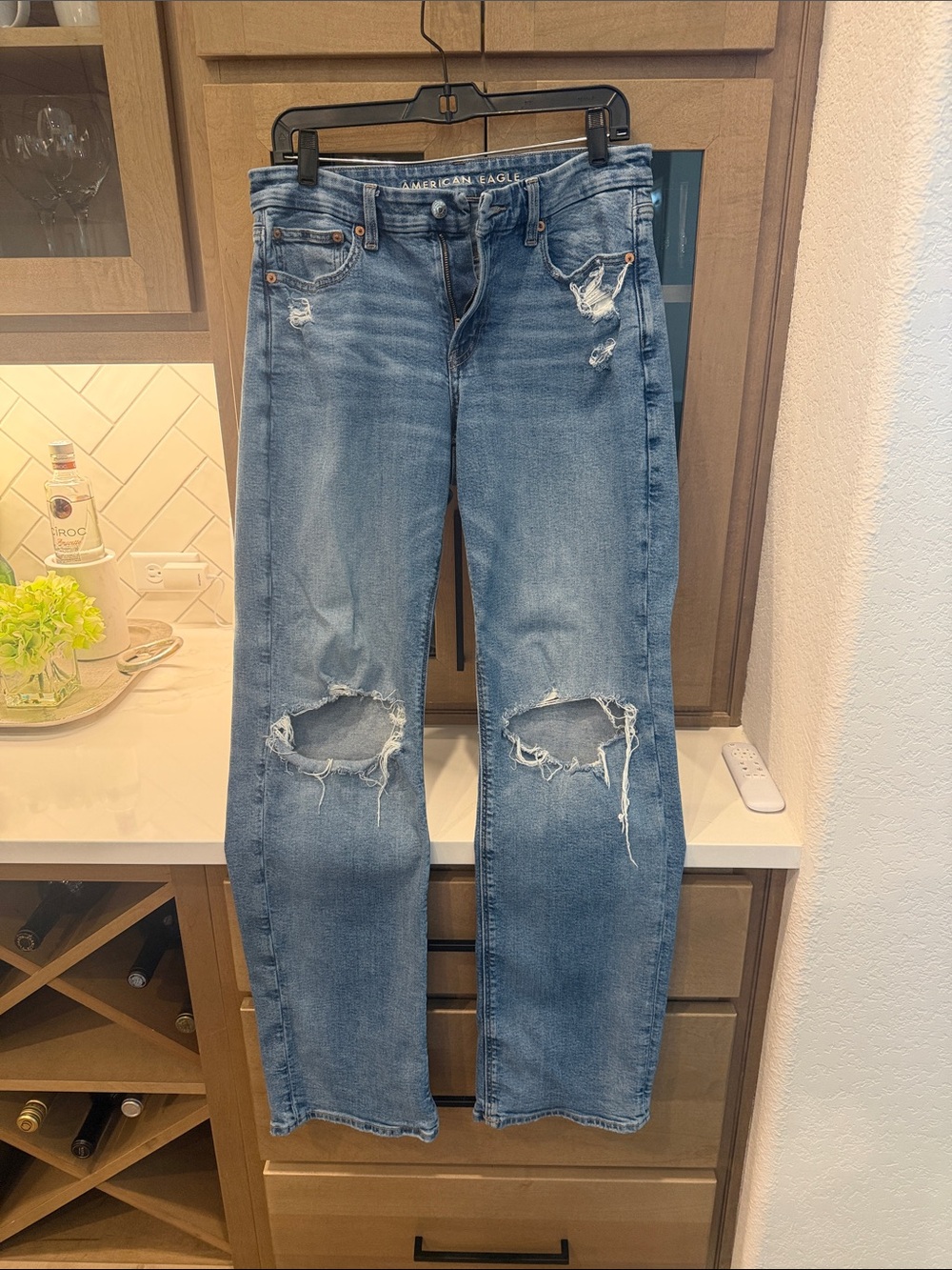 American Eagle Outfitters Light Blue Distressed Curvy Straight-Leg Jeans